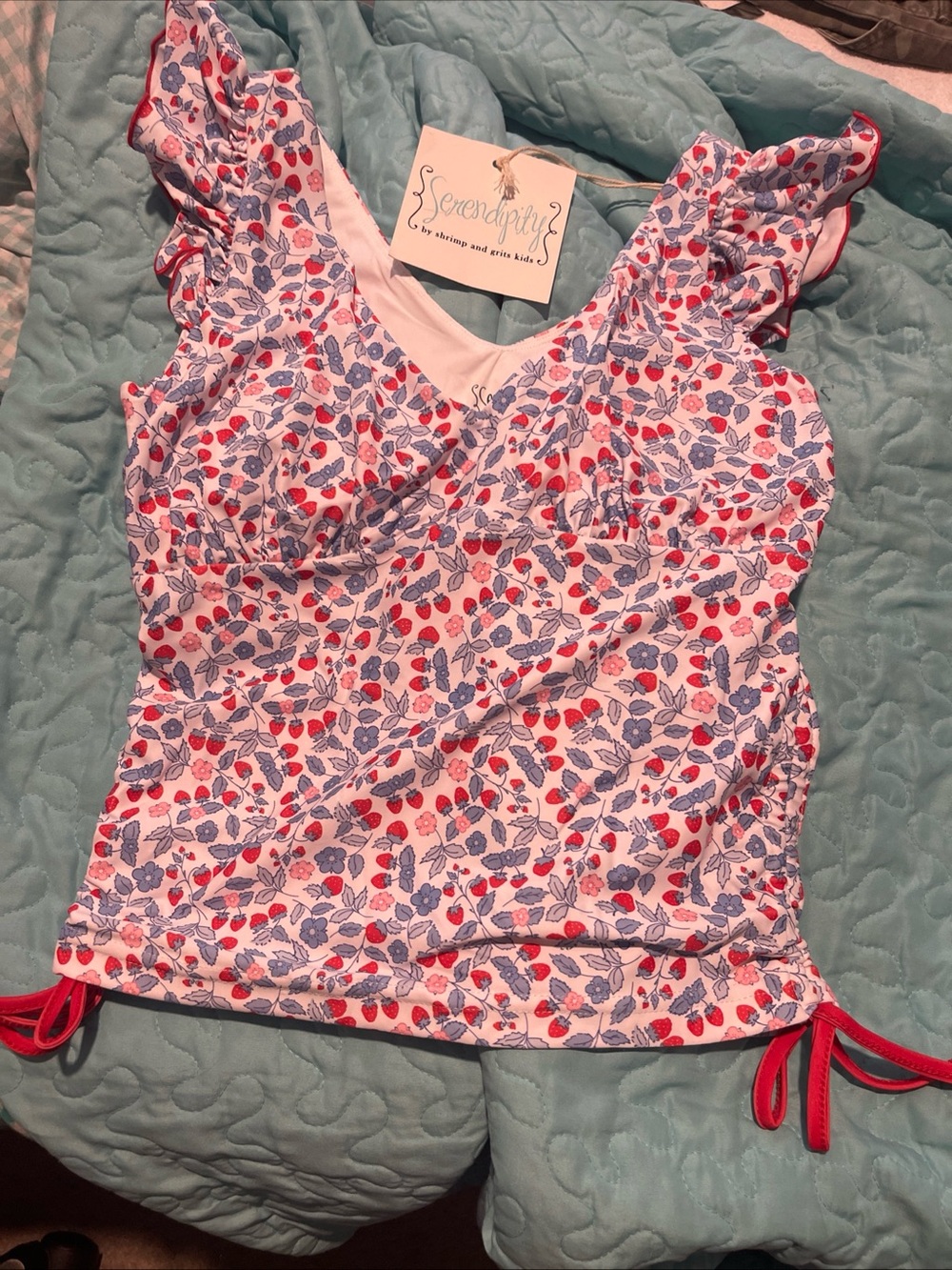 Serendipity Floral Ruffle Tankini Top in Red & Blue Woman’s XS Gathered sides